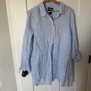 Tahari Sky Blue Linen Button up Tunic Womens XL Resortwear casual top NEW